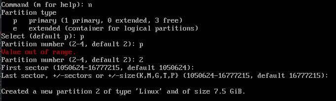 fdisk new root partition