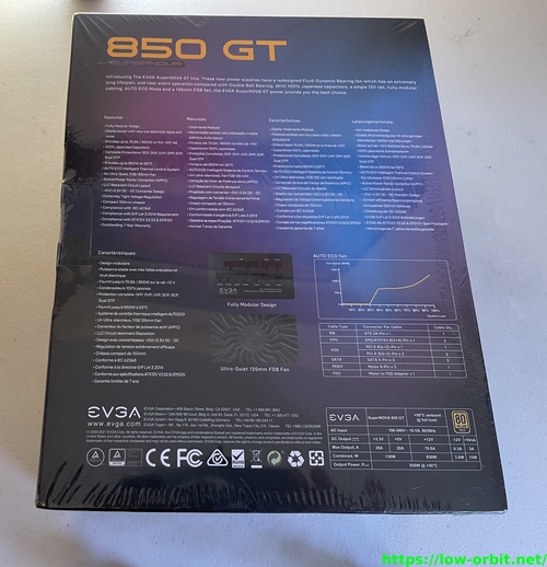 EVGA SuperNOVA 850 GT PSU box back